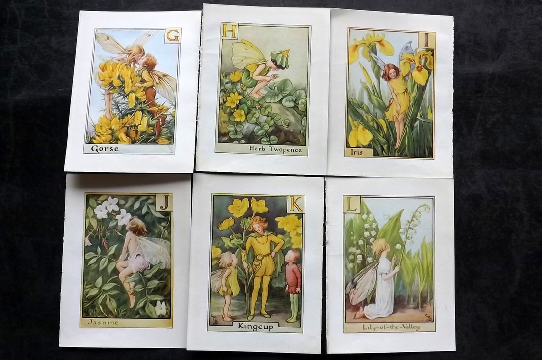 Barker, Cicely Mary C1940 Lot of 6 Flower-Fairy Prints - Alphabet - G-L: Alphabet Fairies. Lithographs Published C1935-45 by Blackie & Son, London & Glasgow for the "Flower-Fairies" Series by Cicely Mary Barker. Reverse side blank.Paper Size: 5.5 x 4 inch (14 x 10cm) Good