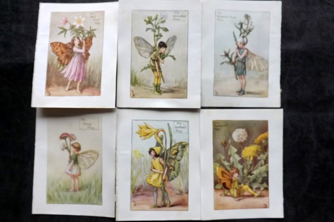 Barker, Cicely Mary C1940 Lot of 6 Flower-Fairy Prints - Spring: Spring Fairies. Lithographs Published C1935-45 by Blackie & Son, London & Glasgow for the "Flower-Fairies" Series by Cicely Mary Barker. Reverse side blank.Paper Size: 5.5 x 4 inch (14 x 10cm) Good Co