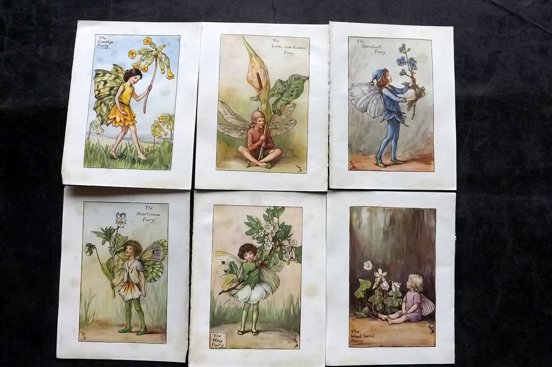 Barker, Cicely Mary C1940 Lot of 6 Flower-Fairy Prints - Spring: Spring Fairies. Lithographs Published C1935-45 by Blackie & Son, London & Glasgow for the "Flower-Fairies" Series by Cicely Mary Barker. Reverse side blank.Paper Size: 5.5 x 4 inch (14 x 10cm) Good Co