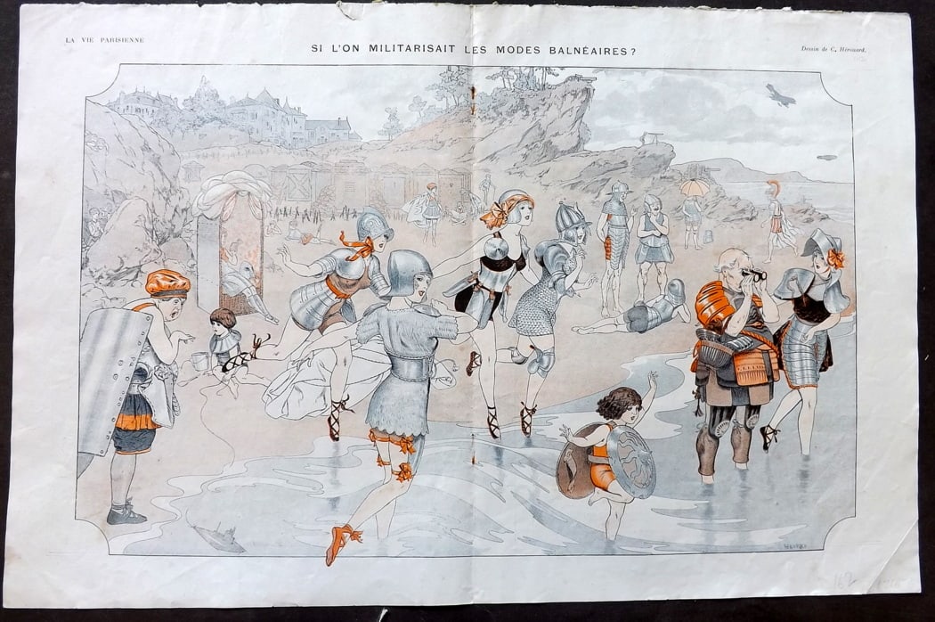 La Vie Parisienne 1916 Art Deco Double Print. Sil'On Militarisait by Herouard: Lithographs Published 1863-1970, Paris for "La Vie Parisienne" Illustrated by Lissac, Barbier, Vallet, Valee, Prejelan, Herouard, Fournier, Kuhn-Regnier, Georges L?onnec and others. Verso text, but no