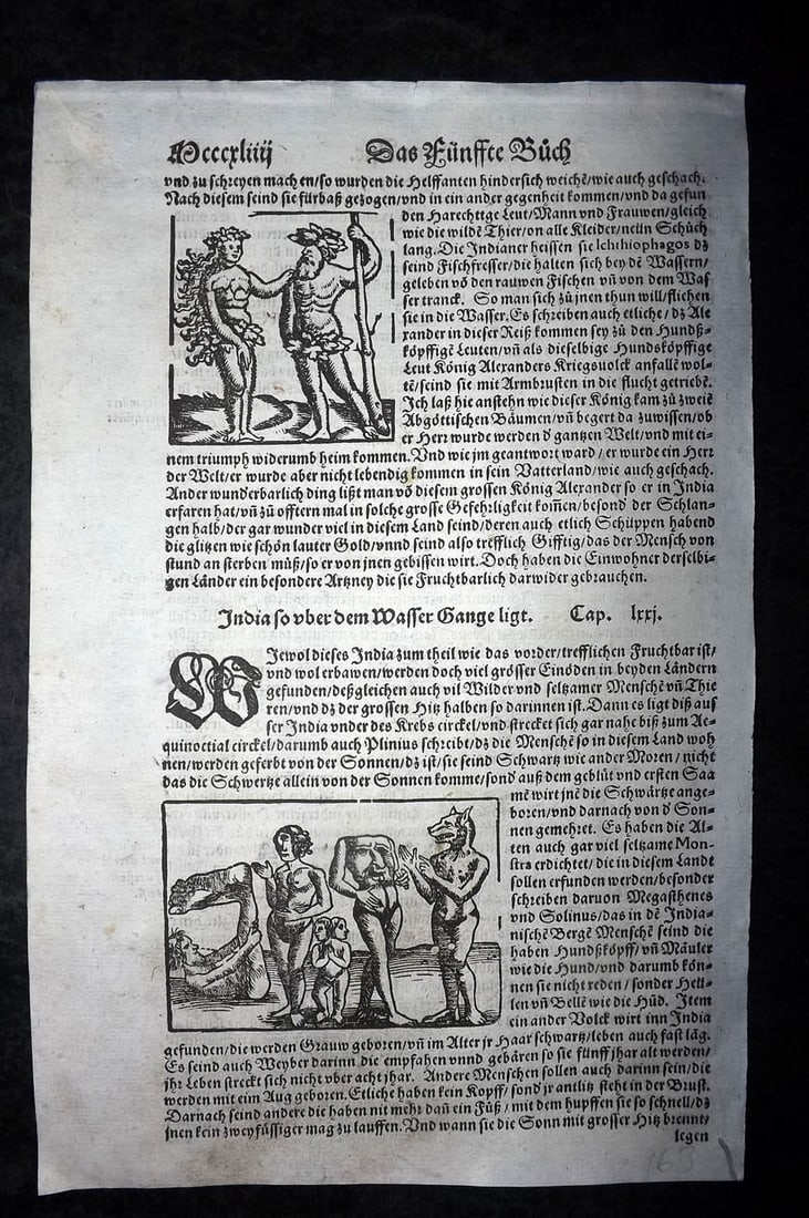 Munster, Sebastian 1578 Early Woodcut. Human-Animal Hydbrids. India Monsters (1 of 2)