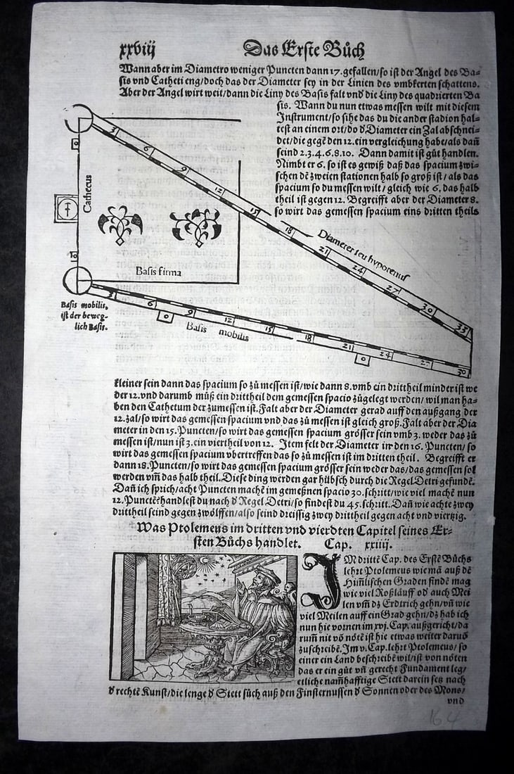 Munster, Sebastian 1578 Early Woodcut. Portrait of Ptolemy & Astronomy (1 of 2)