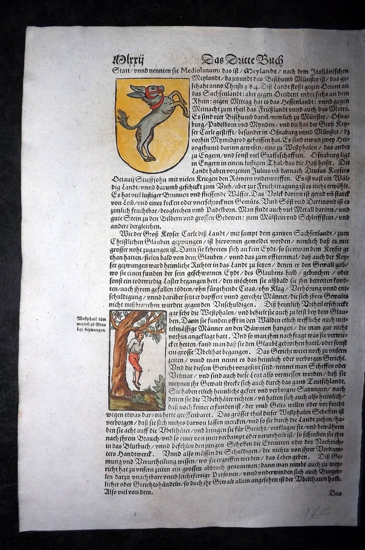 Munster, Sebastian 1588 Early Hand Col Woodcut. Saxony - Method of Exection, Coat of Arms & Battle (1 of 2)