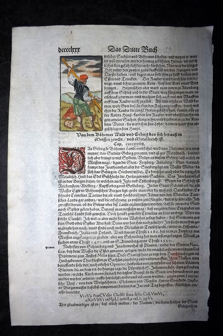 Munster, Sebastian 1588 Early Hand Col Woodcut. An Executioner and Severed Heads: Contemporary Hand Colored Woodcut Published 1588, Basel for the "Cosmographia" by Sebastian Munster. Printed both sides. Paper Size: 12 x 8 inch (30 x 20cm) Approx. Good Condition