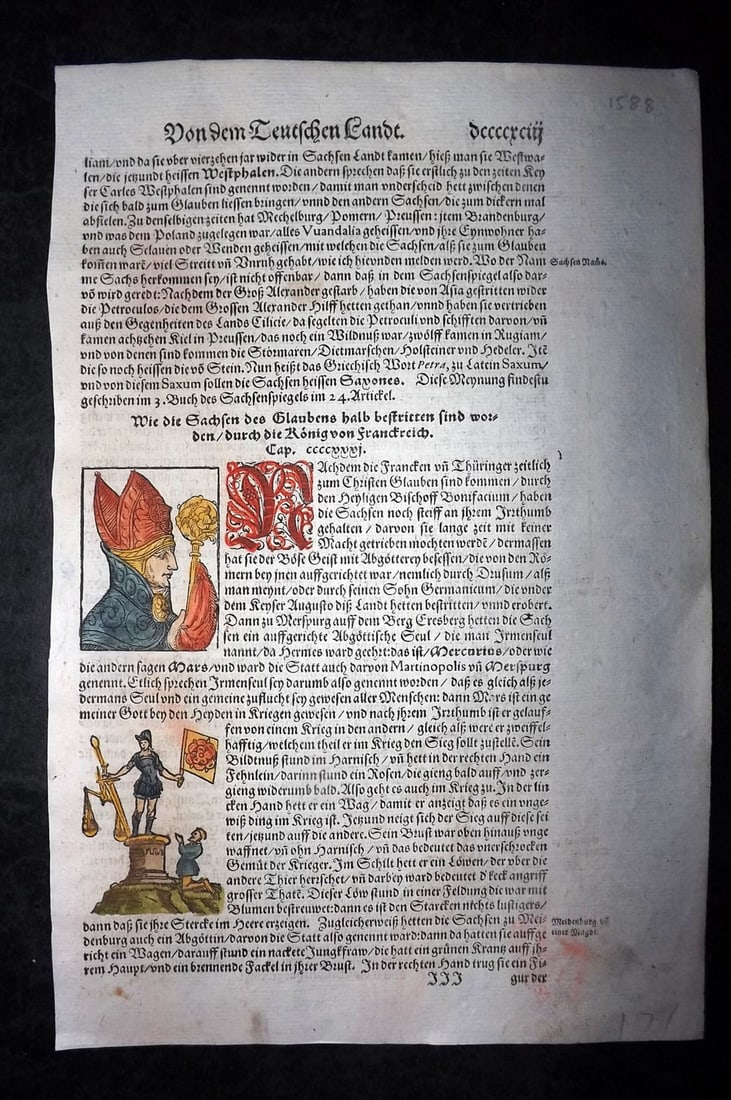 Munster, Sebastian 1588 Early Hand Col Woodcut. Saxon King etc: Contemporary Hand Colored Woodcut Published 1588, Basel for the "Cosmographia" by Sebastian Munster. Printed both sides. Paper Size: 12 x 8 inch (30 x 20cm) Approx. Good Condition