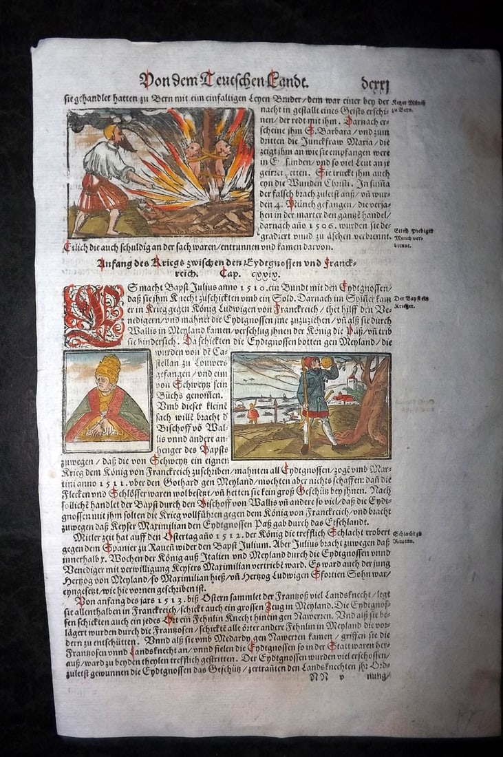 Munster, Sebastian 1588 Early Hand Col Woodcut. Men burned alive, Baptist Julius, Battle scene etc (1 of 2)