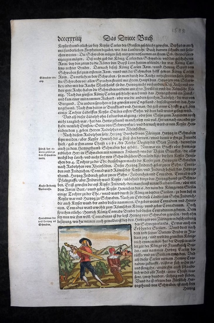 Munster, Sebastian 1588 Early Hand Col Woodcut. Execution Beheading - Swabia Sicily Conflicts, Coat: Contemporary Hand Colored Woodcut Published 1588, Basel for the "Cosmographia" by Sebastian Munster. Printed both sides. Paper Size: 12 x 8 inch (30 x 20cm) Approx. Good Condition