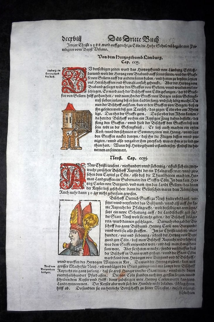 Munster, Sebastian 1588 Early Hand Col Woodcut. Saxony Burgundy Bishop, Man hanging from Tree (1 of 2)