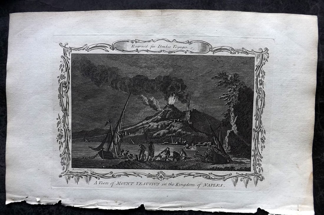 Drake, Edward 1768 Folio Print. Italy - View of Mount Vesuvius, Naples: Copper Plate Published 1768 by J.Cooke, London for "A New Universal Collection of Authentic and Entertaining Voyages and Travels" (Drake's Voyages) By Edward Cavendish Drake. Paper Size: 16 x 9 inch (