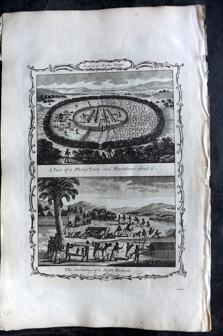 Drake, Edward 1768 Folio Print. Africa - Pholey Town Slave Plantation, Negro Funeral: Copper Plate Published 1768 by J.Cooke, London for "A New Universal Collection of Authentic and Entertaining Voyages and Travels" (Drake's Voyages) By Edward Cavendish Drake. Paper Size: 16 x 9 inch (