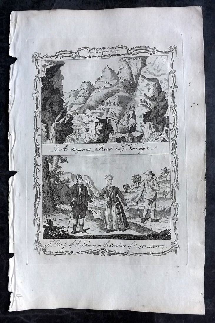 Drake, Edward 1768 Folio Print. Norway - Dangerous Road & Dress of the Boors, Bergen: Copper Plate Published 1768 by J.Cooke, London for "A New Universal Collection of Authentic and Entertaining Voyages and Travels" (Drake's Voyages) By Edward Cavendish Drake. Paper Size: 16 x 9 inch (