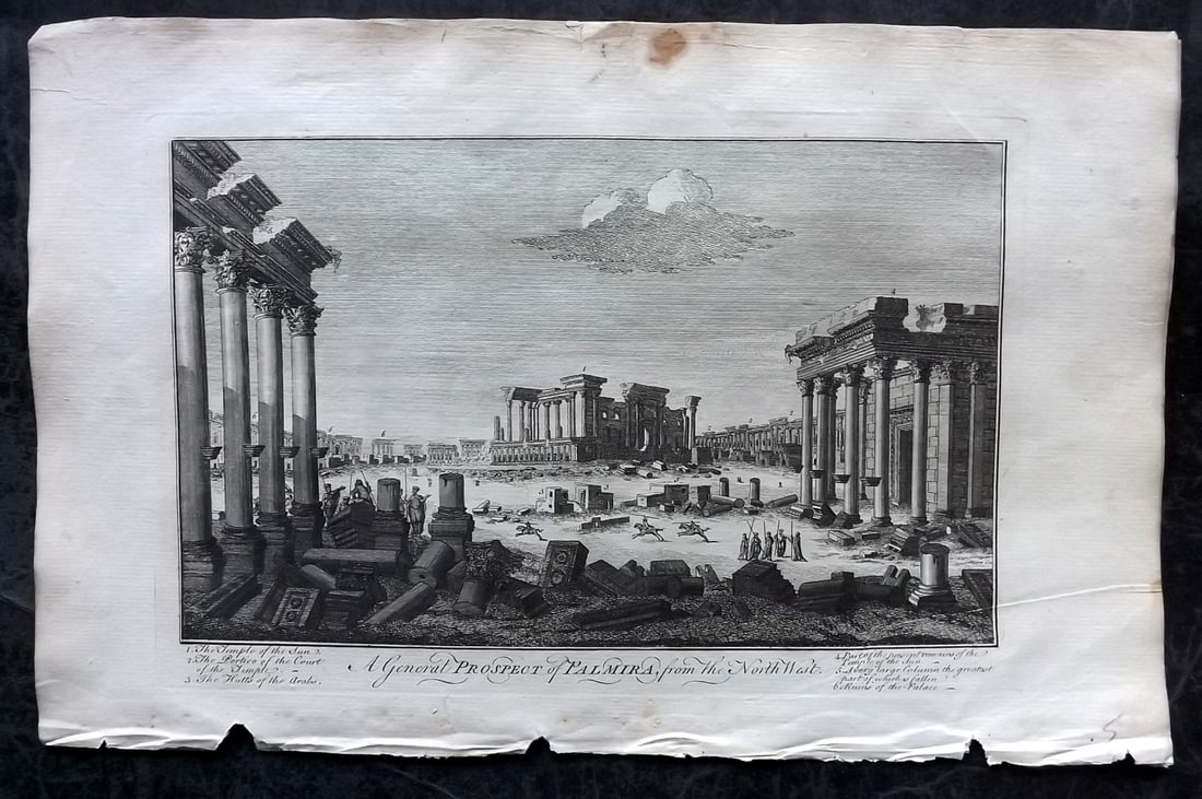 Drake, Edward 1768 Folio Print. Syria - Prospect of Palmyra: Copper Plate Published 1768 by J.Cooke, London for "A New Universal Collection of Authentic and Entertaining Voyages and Travels" (Drake's Voyages) By Edward Cavendish Drake. Paper Size: 16 x 9 inch (