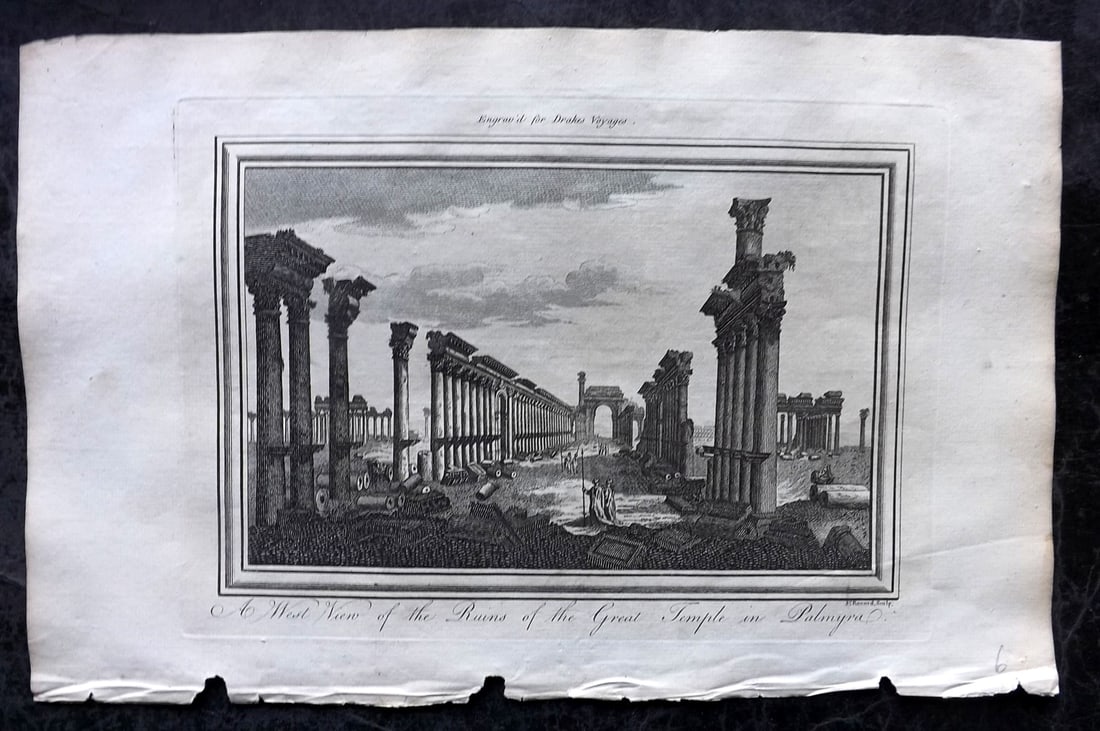Drake, Edward 1768 Folio Print. Syria - Ruins of the Greaat Temple in Palmyra: Copper Plate Published 1768 by J.Cooke, London for "A New Universal Collection of Authentic and Entertaining Voyages and Travels" (Drake's Voyages) By Edward Cavendish Drake. Paper Size: 16 x 9 inch (