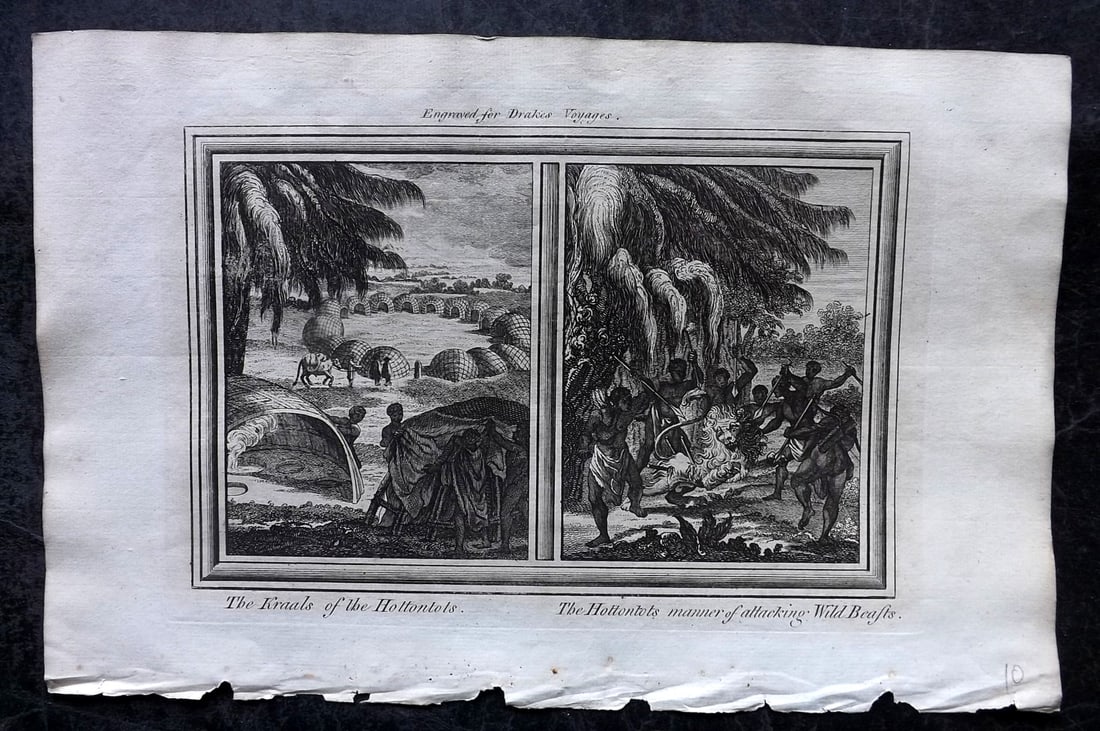 Drake, Edward 1768 Folio Print. South Africa - Hottentots: Copper Plate Published 1768 by J.Cooke, London for "A New Universal Collection of Authentic and Entertaining Voyages and Travels" (Drake's Voyages) By Edward Cavendish Drake. Paper Size: 16 x 9 inch (