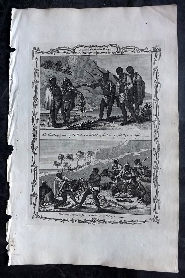 Drake, Edward 1768 Folio Print. South Africa - Hottentots Clothing & Eating Ox: Copper Plate Published 1768 by J.Cooke, London for "A New Universal Collection of Authentic and Entertaining Voyages and Travels" (Drake's Voyages) By Edward Cavendish Drake. Paper Size: 16 x 9 inch (