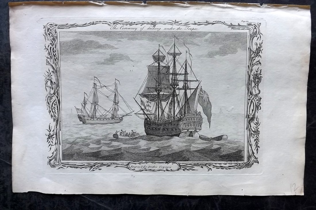 Drake, Edward 1768 Folio Ship Print. West Indies - Ceremony of ducking under the Tropic: Copper Plate Published 1768 by J.Cooke, London for "A New Universal Collection of Authentic and Entertaining Voyages and Travels" (Drake's Voyages) By Edward Cavendish Drake. Paper Size: 16 x 9 inch (