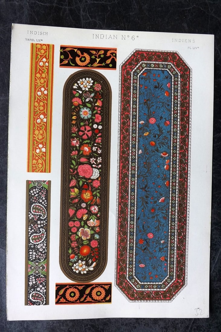 Jones, Owen 1910 Folio Architectural Design Print. Indian No. 6*: Chromolithograph Published 1910 by Bernard Quaritch, London for "The Grammar of Ornament" by Owen Jones. Paper Size: 13 x 9 inch (33 x 23cm) Good Condition