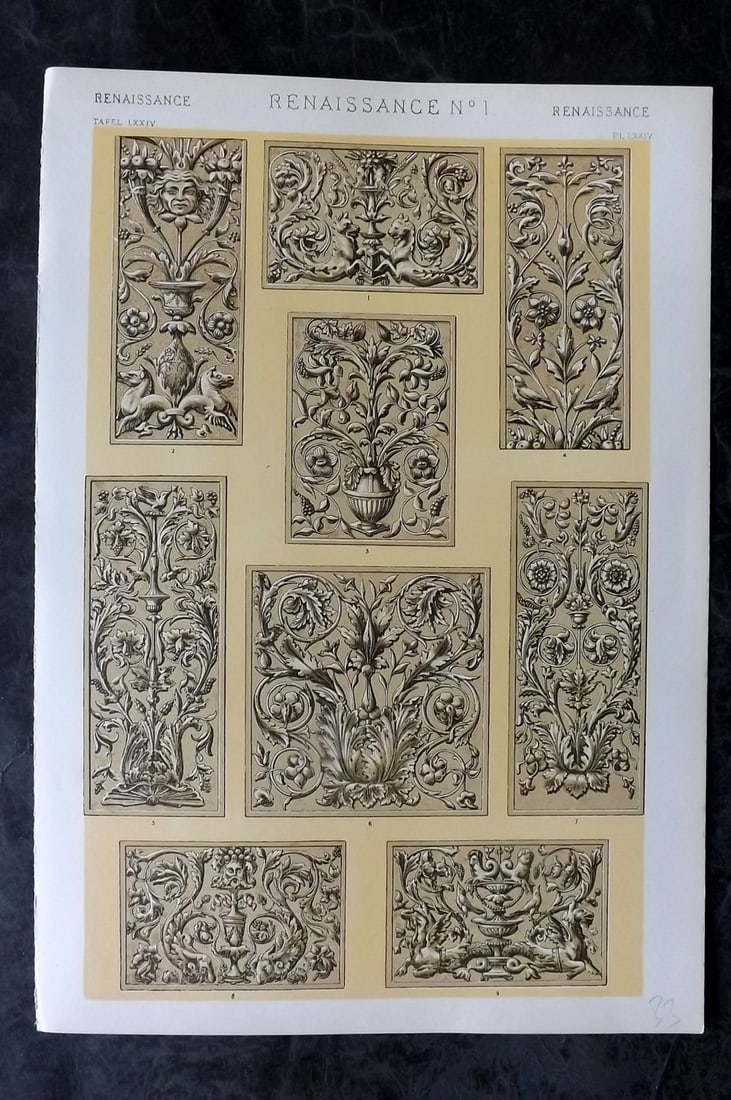 Jones, Owen 1910 Folio Architectural Design Print. Renaissance No. 1: Chromolithograph Published 1910 by Bernard Quaritch, London for "The Grammar of Ornament" by Owen Jones. Paper Size: 13 x 9 inch (33 x 23cm) Good Condition