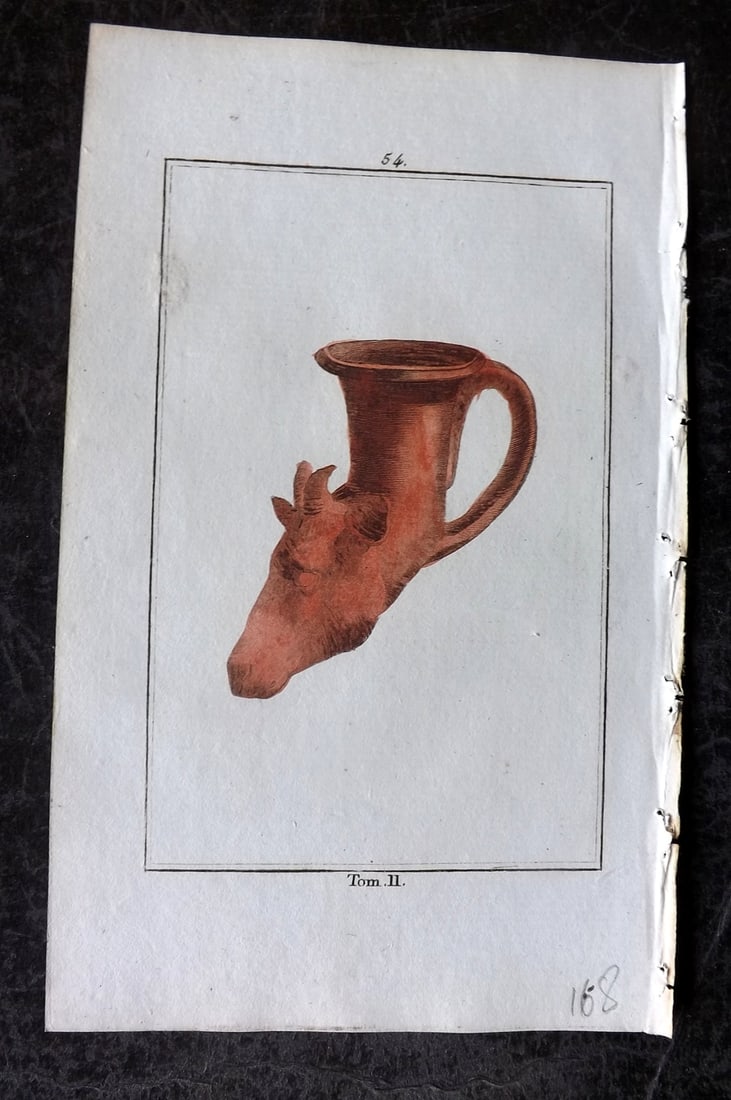 d'Hancarville & David 1785 Hand Col Print. Drinking Vessel 54: Hand Colored Copper Plate Published 1785-88, Paris for "Antiquites Etrusques, Grecques et Romaine" by Pierre Francois Hugues d'Hancarville. Illustrated by F. A. David. Paper Size: 8 x 5 inch (20 x 13c