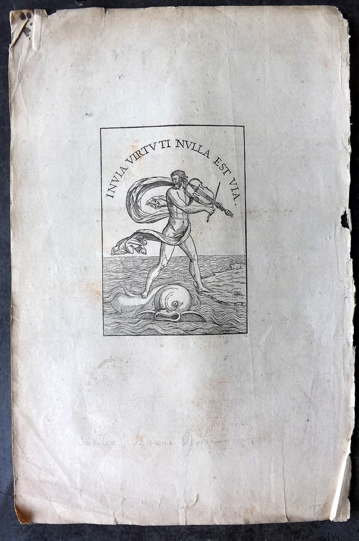 Oporinus, Joannes & Vesalius, Andreas 1555 Woodcut. Arion on a Dolphin. Sea Monster (1 of 2)