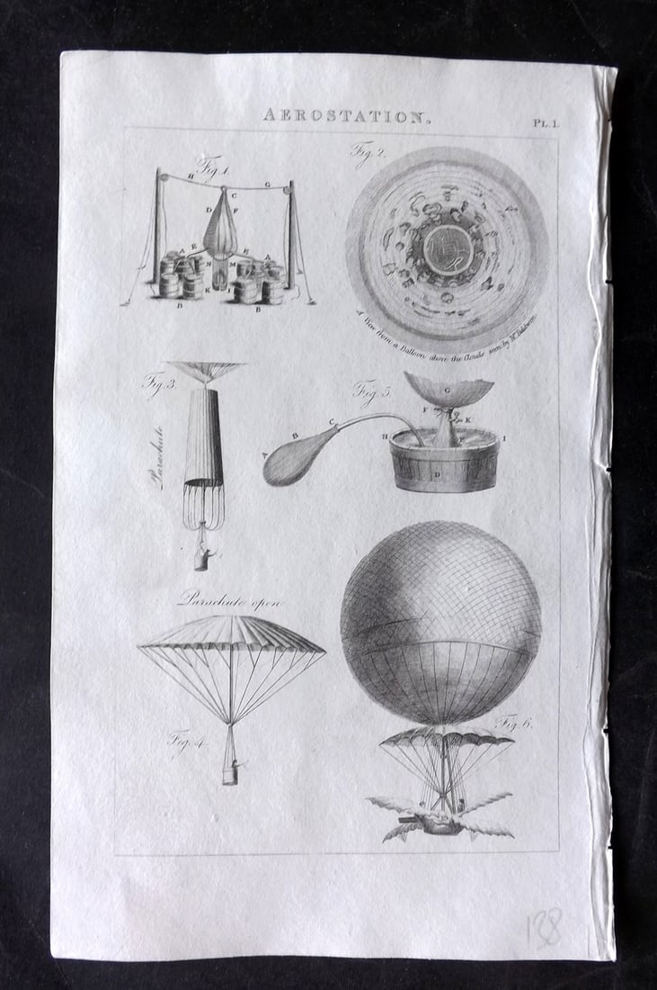 Good, John 1813 Antique Print. Aerostation 01 Balloon, Parachute, View above the Clouds: Copper Plate Published 1806-13, London for "Pantologia: A New Cyclopaedia, Comprehending a Complete Series of Essays" by John Mason Good et al. Paper Size: 9.5 x 6 inch (24 x 15cm) Good Condition