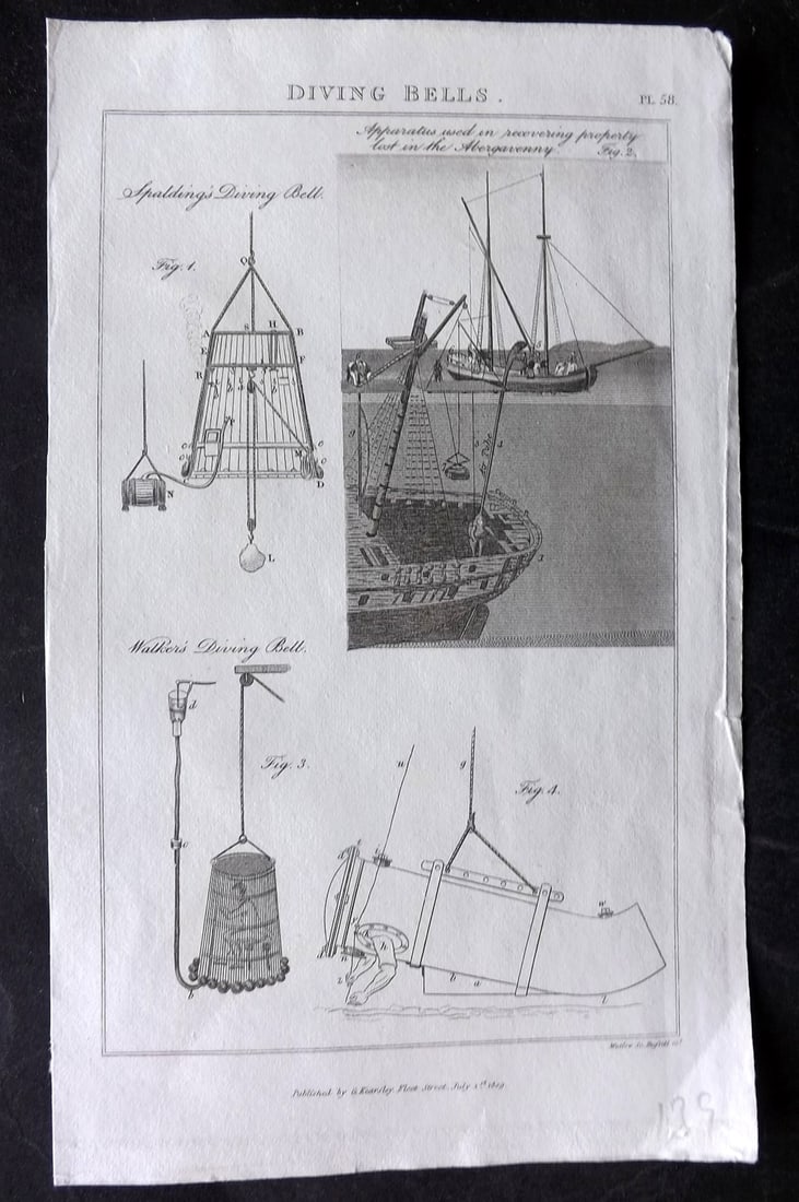 Good, John 1813 Antique Print. Diving Bells 58: Copper Plate Published 1806-13, London for "Pantologia: A New Cyclopaedia, Comprehending a Complete Series of Essays" by John Mason Good et al. Paper Size: 9.5 x 6 inch (24 x 15cm) Good Condition