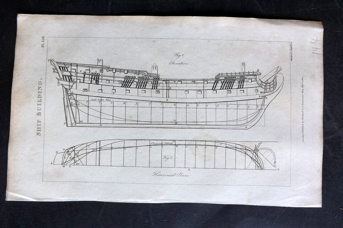 Good, John 1813 Antique Print. Ship Building 158: Copper Plate Published 1806-13, London for "Pantologia: A New Cyclopaedia, Comprehending a Complete Series of Essays" by John Mason Good et al. Paper Size: 9.5 x 6 inch (24 x 15cm) Minor toning, other