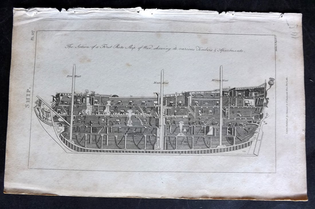 Good, John 1813 Antique Print. Ship 157 Deck Plan, Ship of War: Copper Plate Published 1806-13, London for "Pantologia: A New Cyclopaedia, Comprehending a Complete Series of Essays" by John Mason Good et al. Paper Size: 9.5 x 6 inch (24 x 15cm) Minor toning, other