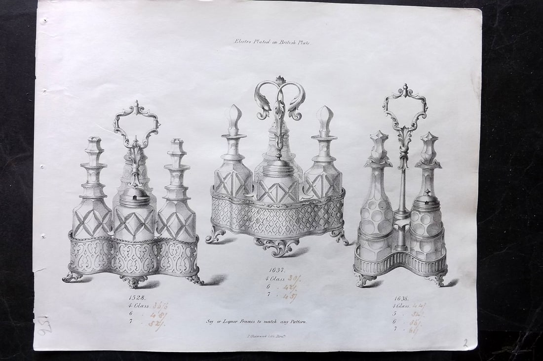 Underwood, T. C1860 Folio Silverware Print 1528, 1637, 1638: Folio Lithographs Published C1860, Birmingham, UK for a Silverware Trade Catalogue. Lithographed by T. Underwood. Paper Size: 12.5 x 9.5 inch (32 x 25cm) Old ink annotations of prices next to titles. 