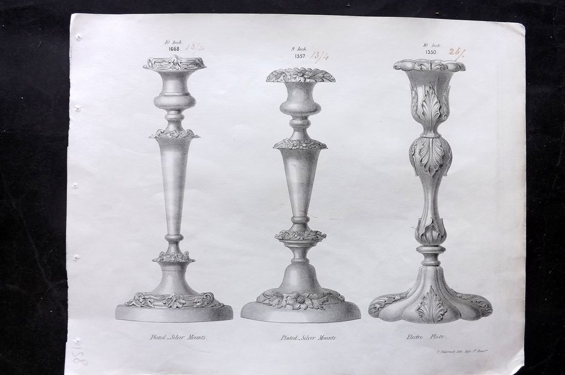 Underwood, T. C1860 Folio Silverware Print 1668, 1557, 1350: Folio Lithographs Published C1860, Birmingham, UK for a Silverware Trade Catalogue. Lithographed by T. Underwood. Paper Size: 12.5 x 9.5 inch (32 x 25cm) Old ink annotations of prices next to titles. 
