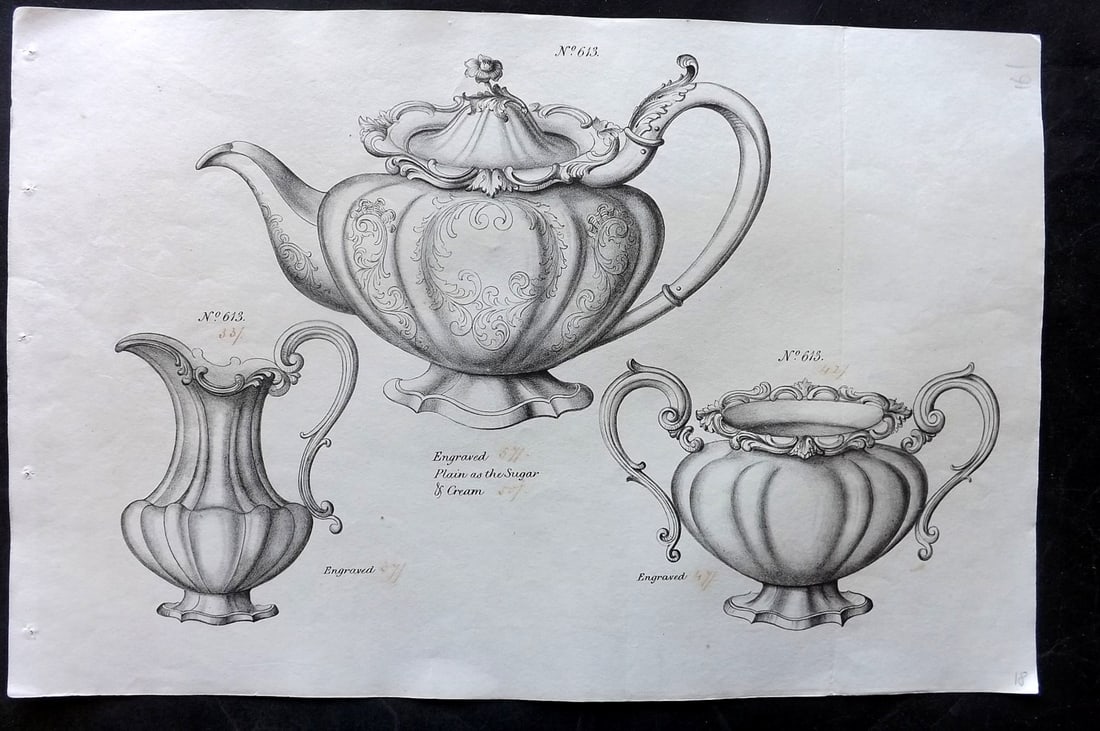 Underwood, T. C1860 Folio Silverware Print 613: Folio Lithographs Published C1860, Birmingham, UK for a Silverware Trade Catalogue. Lithographed by T. Underwood. Paper Size: 15 x 10 inch (38 x 25cm) Old ink annotations of prices next to titles. Oth