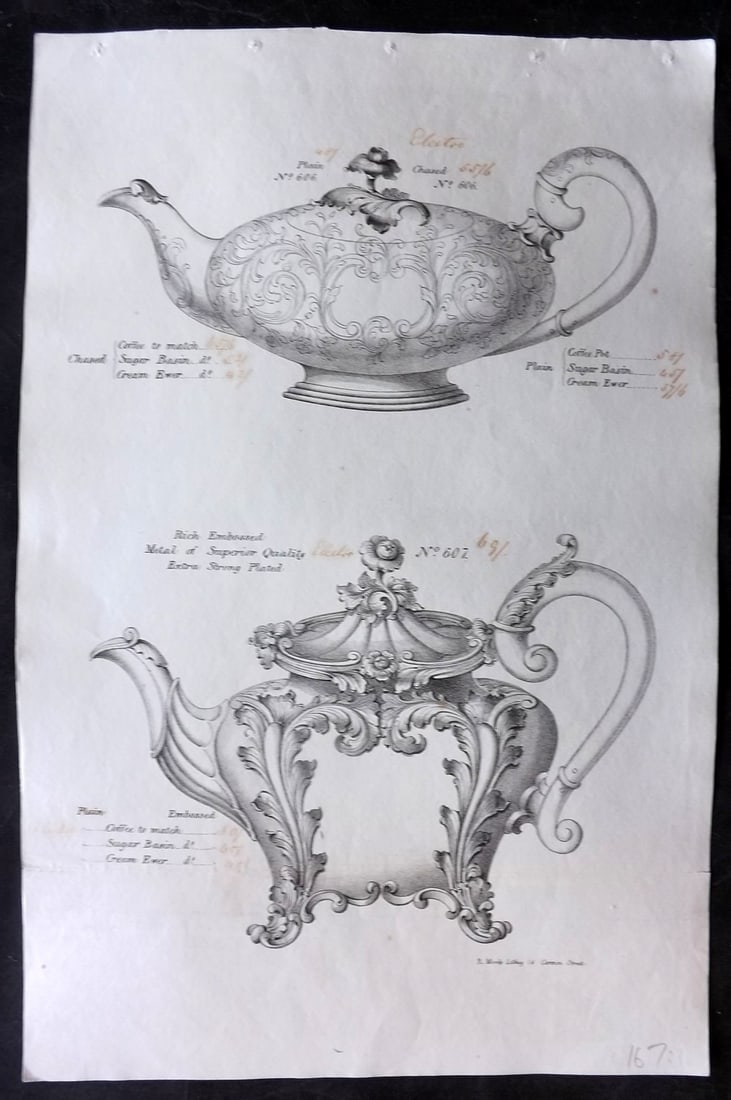 Underwood, T. C1860 Folio Silverware Print 606-607: Folio Lithographs Published C1860, Birmingham, UK for a Silverware Trade Catalogue. Lithographed by T. Underwood. Paper Size: 15 x 10 inch (38 x 25cm) Old ink annotations of prices next to titles. Oth
