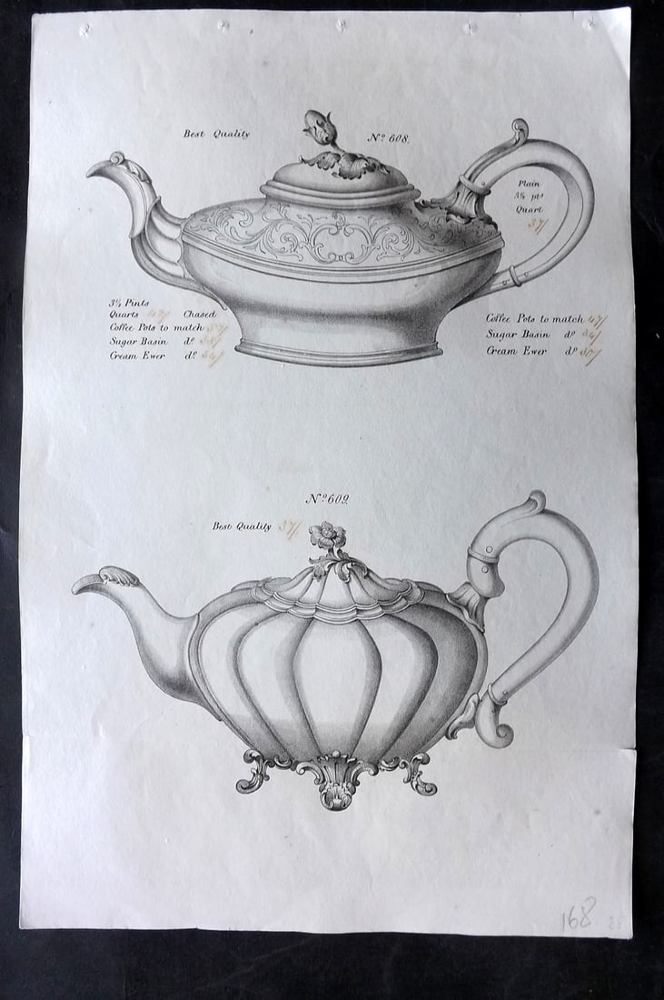 Underwood, T. C1860 Folio Silverware Print 608-609: Folio Lithographs Published C1860, Birmingham, UK for a Silverware Trade Catalogue. Lithographed by T. Underwood. Paper Size: 15 x 10 inch (38 x 25cm) Old ink annotations of prices next to titles. Oth