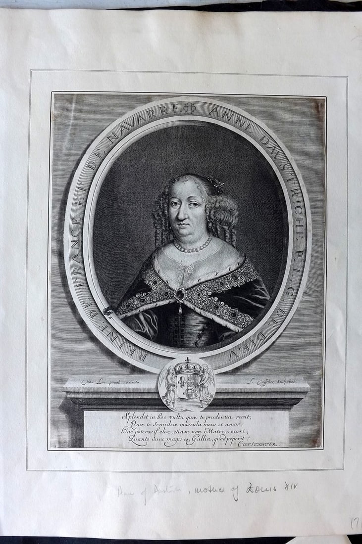 Visscher, Lambert after Carl Vanloo C1740 Folio Portrait. Anne of Austria, Queen of France: Foilio Copper Plate Published C1740, Amsterdam. Engraved Lambert Visscher after Carl Vanloo. Paper Size: 12 x 9.5 inch (30 x 24cm) Overall Size 18.5 x 14 inch (47 x 36cm) Margins trimmed to image and