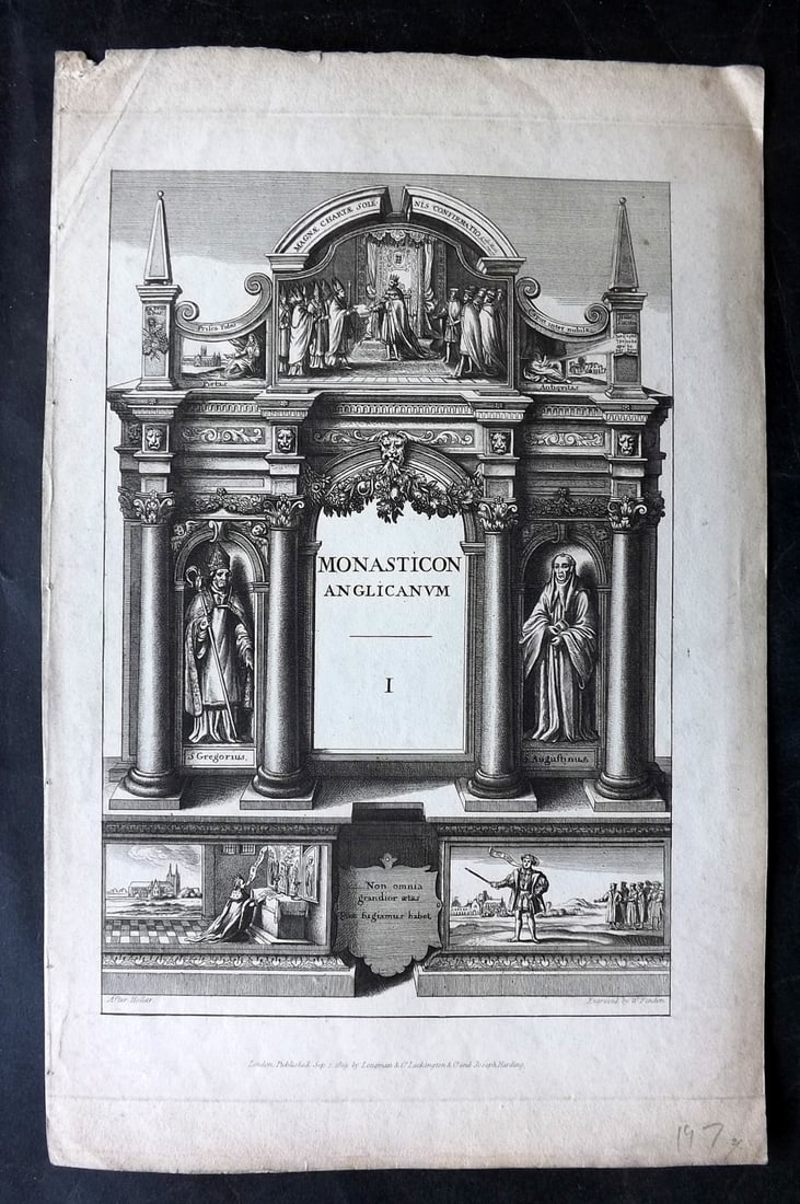 Finden after Wenceslaus Hollar 1819 Monasticon Anglicanum Architectural Title Page: Copper Plate Published 1817-30, London for "Monasticon Anglicanum" by William Dugdale. Engraved William Finden after Wenceslaus Hollar. Paper Size: 15 x 10 inch (38 x 25cm) Tiny chip in top margin. Go
