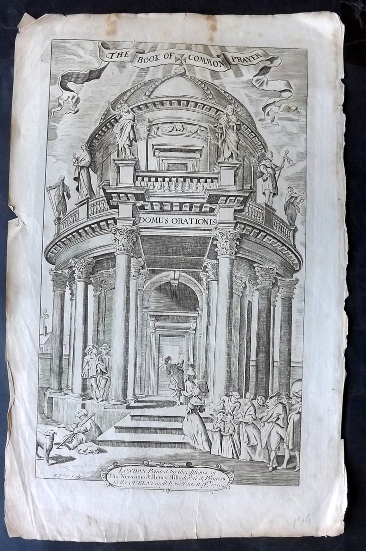 Newcomb & Hills 1710 Folio Engraved Title. Book of Common Prayer: Folio Copper Engraved Title Page Published 1710 by Thomas Newcomb & Henry Hills, London for "The Book of Common Prayer?" Paper Size: 15.5 x 9.5 inch (39 x 24cm) A few small margin tears, image fine