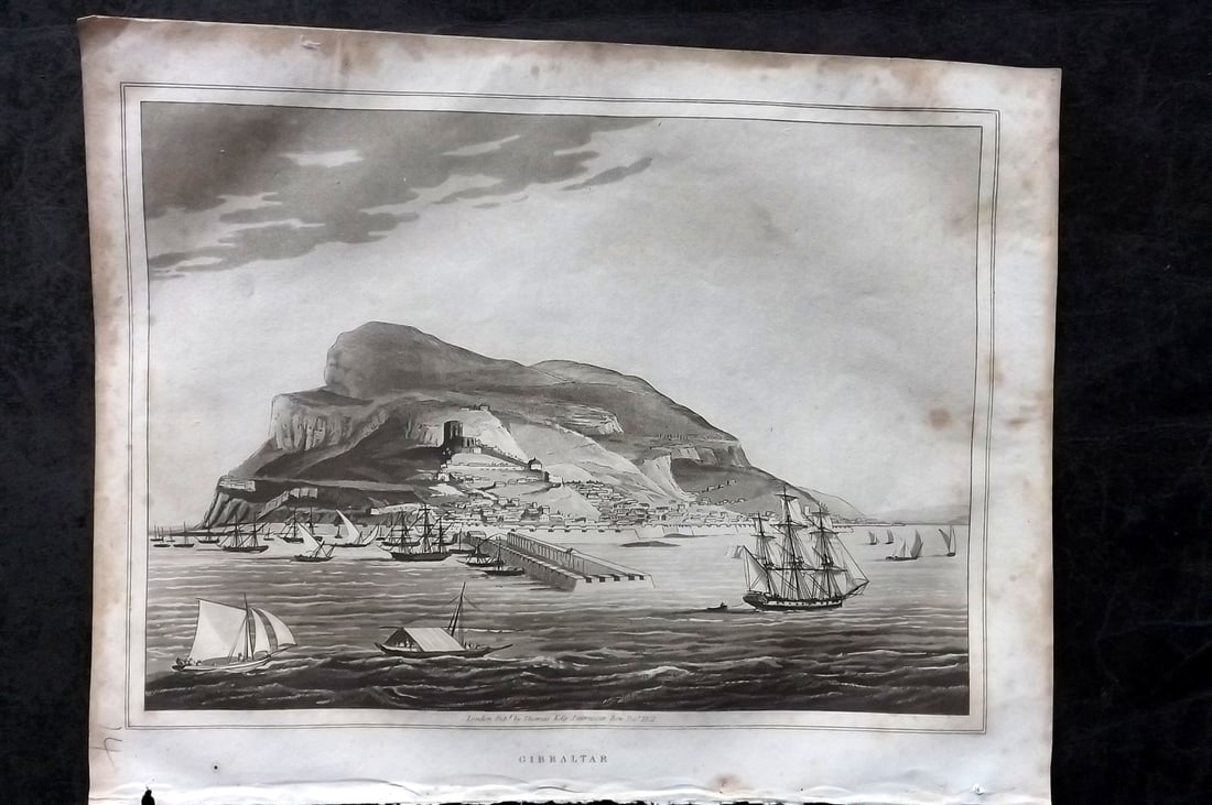 Kelly, Christopher 1829 Print. Gibraltar - The Rock, Ships: Aquatint Etching Published 1829, London for "A New and Complete System of Universal Geography" by Christopher Kelly. Paper Size: 10 x 8 inch (26 x 20cm) Minor margin toning otherwise Good Condition