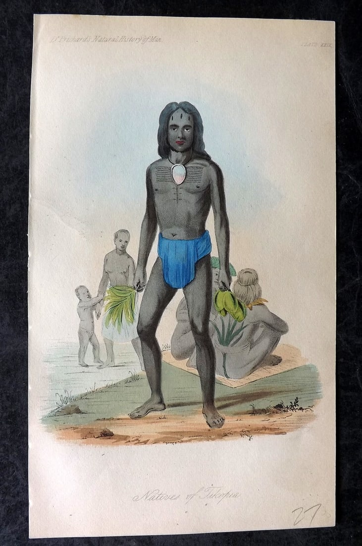 Prichard, James 1855 Hand Col Print. Native of Tikopia. Solomon Islands Pacific 29: Hand Colored Aquatint Published 1855 London for "The Natural History of Man" by James Cowles Prichard. Paper Size: 9 x 5.5 inch (23.5 x 14cm) Good Condition