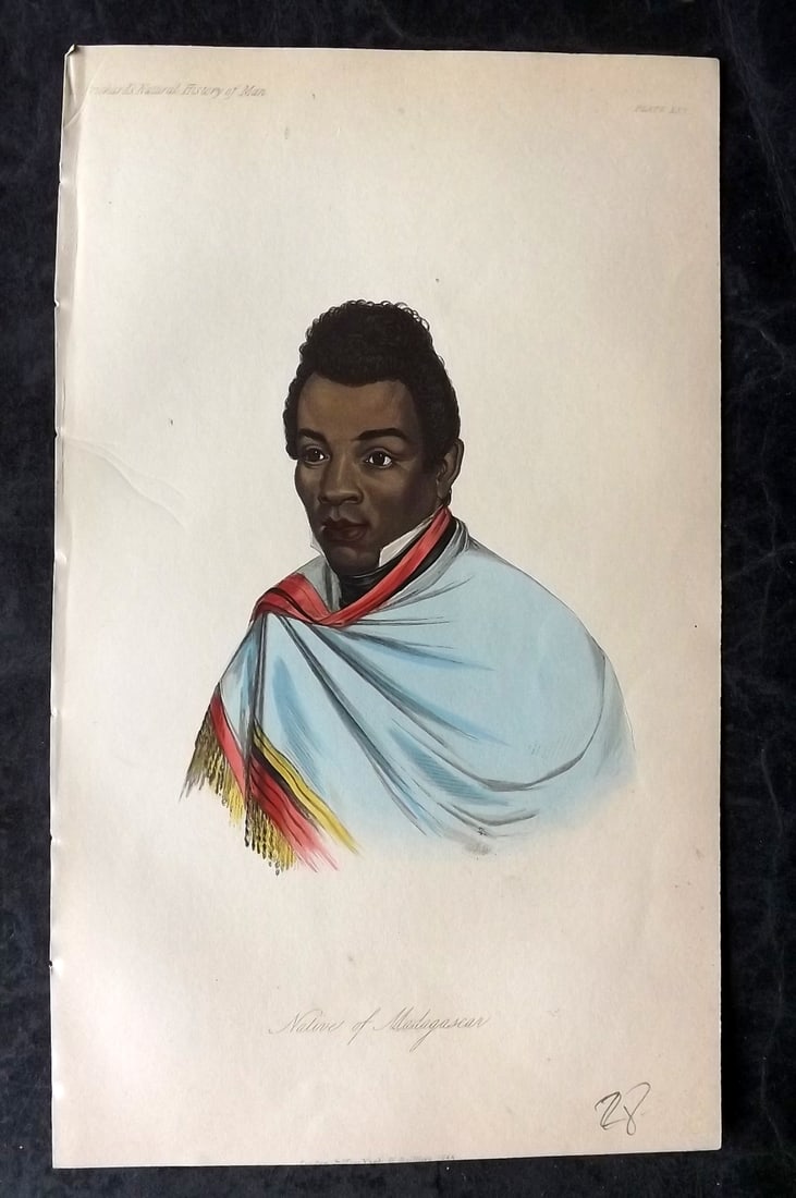 Prichard, James 1855 Hand Col Print. Native of Madagascar 30: Hand Colored Aquatint Published 1855 London for "The Natural History of Man" by James Cowles Prichard. Paper Size: 9 x 5.5 inch (23.5 x 14cm) Good Condition