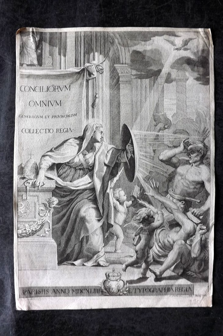 Daret, Pierre after Jacques Stella 1644 Folio Classical Engraved Frontis: Folio Copper Plate Published 1644, Paris for "Conciliorum Omnium, Generalium Et Provincialium Collectio Regia" Engraved Pierre Dret after Jacques Stella. Paper Size: 14.5 x 10 inch (37 x 25cm) Good Co