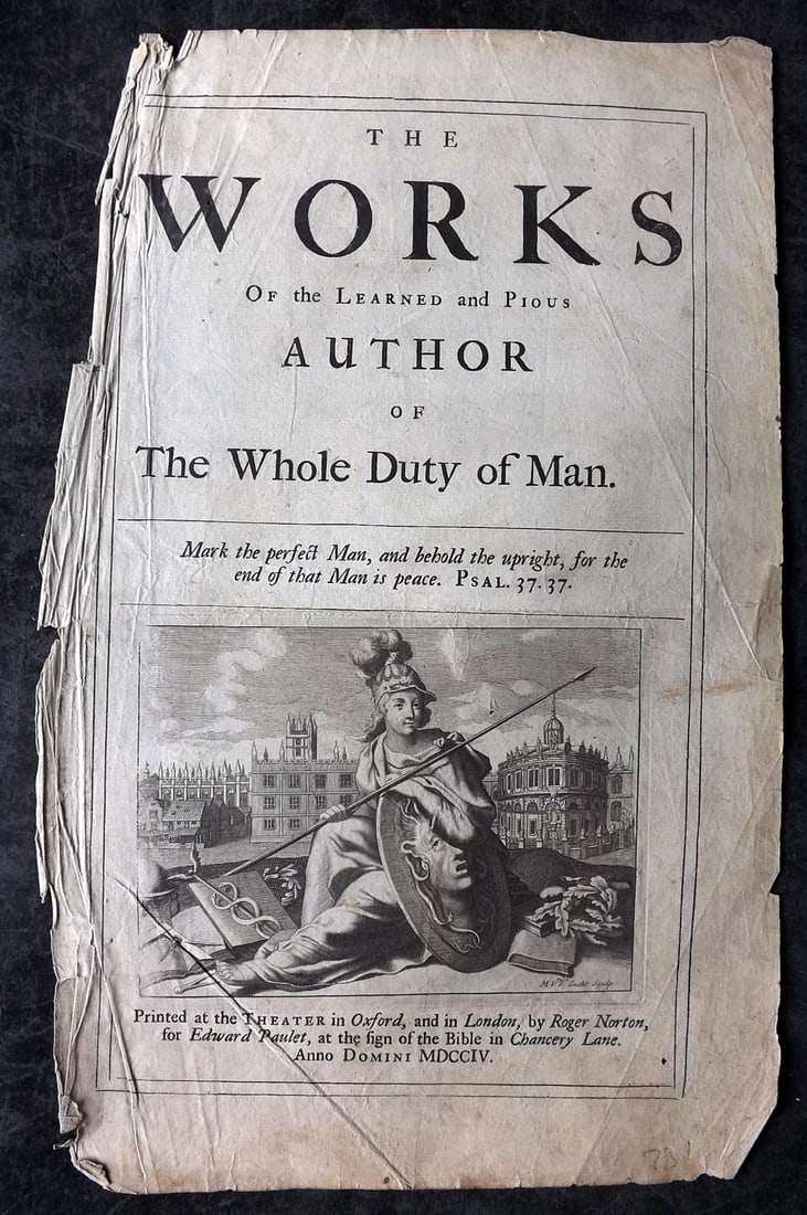 Allestree, Richard 1704 Folio Engraved Title Page. Britannia with Shield: Copper Engraved Title Page Published 1704, Oxford for "The Works of the Learned and Pious Author of the Whole Duty of Man" by Richard Allestree. Paper Size: 15 x 8.5 inch (38 x 22cm) Margins frayed. O