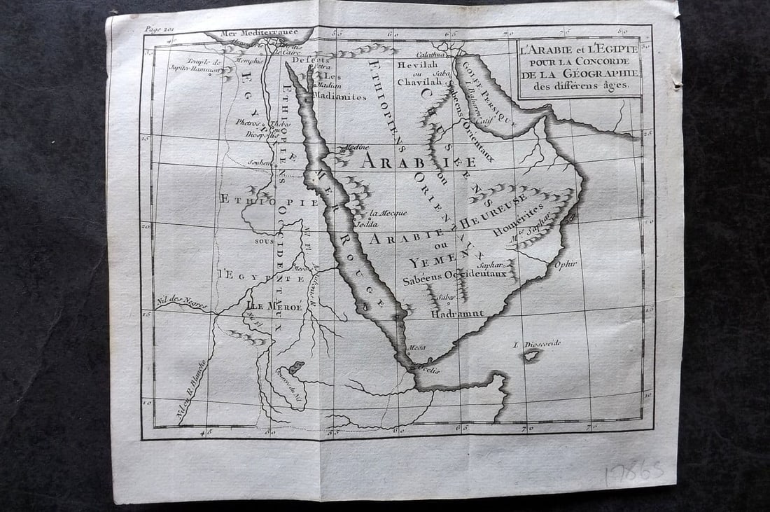 Pluche, Noel 1764 Antique Map. L'Arabie et L'Egipte. Arabia and Egypt: Antique Copper Engraved Map Published 1764, Paris for "Concorde de la g?ographie des differens ages" by Noel-Antoine Pluche. Folds as issued. Paper Size: 9 x 6.5 inch (23 x 16.5cm) Good Condition