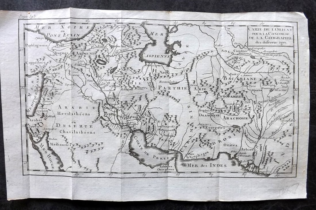 Pluche, Noel 1764 Antique Map. Carte de l'Orient pour La Concorde. Levant India Persia: Antique Copper Engraved Map Published 1764, Paris for "Concorde de la g?ographie des differens ages" by Noel-Antoine Pluche. Folds as issued. Paper Size: 10.5 x 6.5 inch (27 x 16.5cm) Good Condition