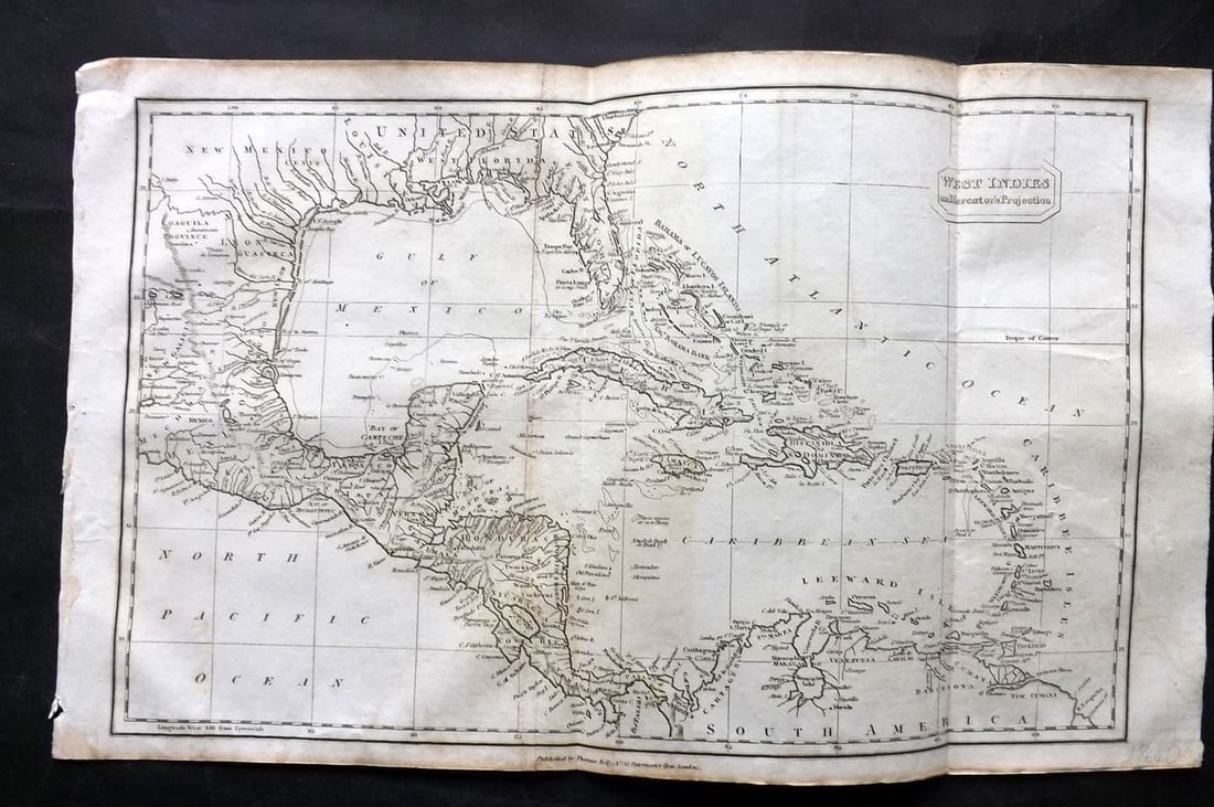 Kelly, Christopher 1829 Antique Map. West Indies on Mercator's Projection. Caribbean (1 of 1)