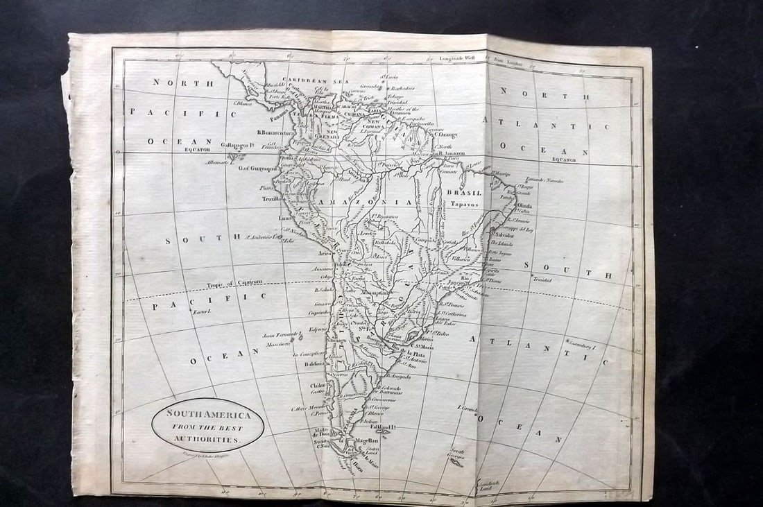 Brookes & Baker 1797 Antique Map. South America: Antique Copper Engraved Map Published 1797, London for "The General Gazetteer; Or, Compendious Geographical Dictionary" by Richard Brookes. Engraved by B. Baker. Folds as issued. Paper Size: 10 x 8 in
