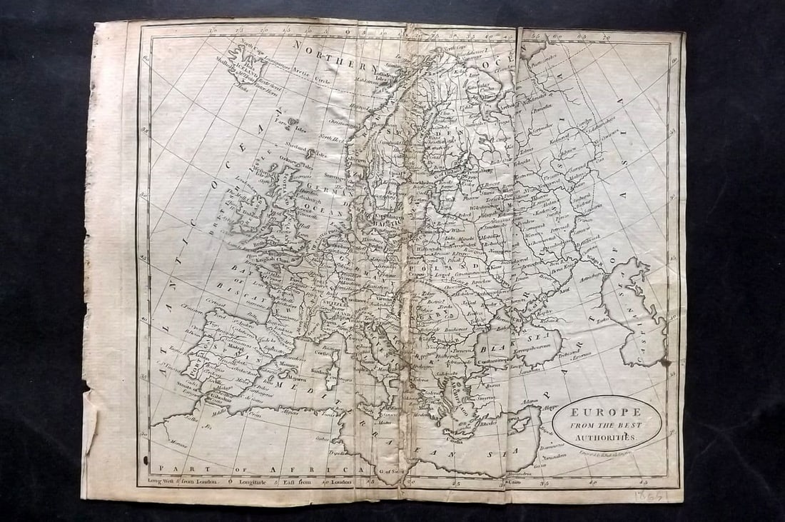 Brookes & Baker 1797 Antique Map. Europe: Antique Copper Engraved Map Published 1797, London for "The General Gazetteer; Or, Compendious Geographical Dictionary" by Richard Brookes. Engraved by B. Baker. Folds as issued. Paper Size: 10 x 8 in