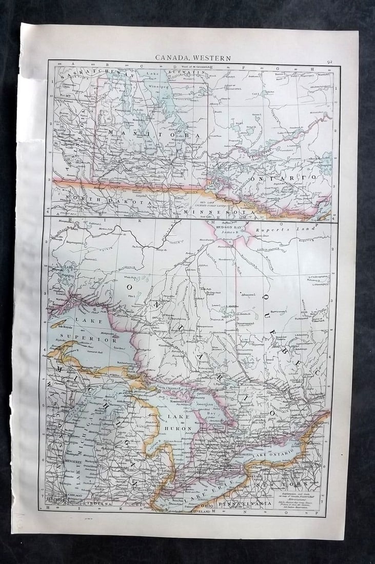 Times Atlas 1895 Antique Map. Canada, Western: Antique Lithograph Map Published 1895, London for "The Times Atlas" Paper Size: 15.5 x 10.5 inch (39 x 27cm) Two small margin tears.