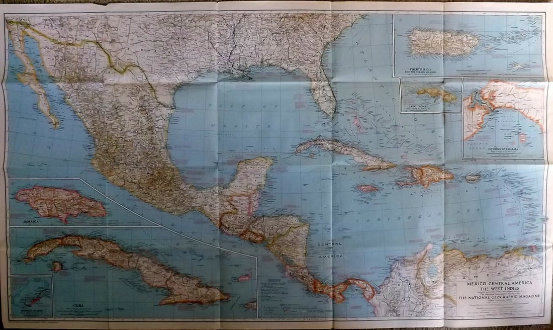 National Geographic Mag. 1939 LG Map. Mexico & West Indies (1 of 2)