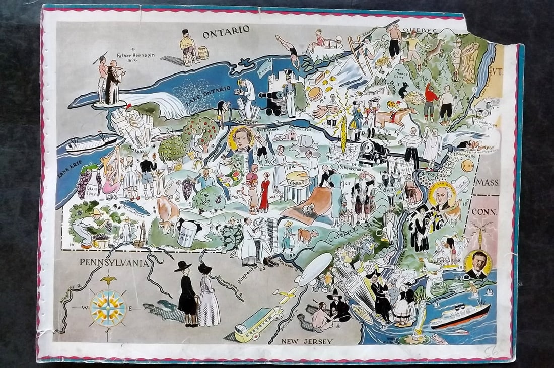 Hader, Berter & Elmer 1932 United States Pictorial Map. New York (Fault): Offset Lithograph Published 1932, New York for "Berta and Elmer Hader's Picture Book of the States" by Berta Hader; Elmer Hader and Angelo Patri. Text to the reverse that relates to a different State,