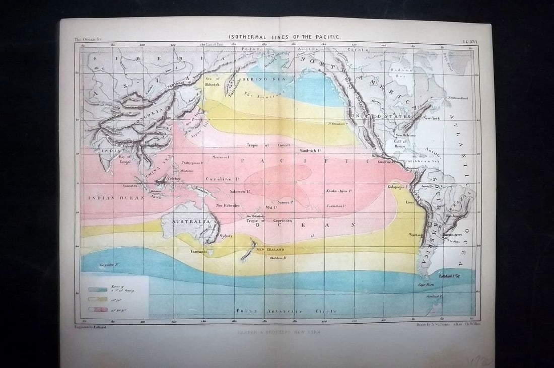 Reclus, Elisee 1873 Antique Map. Isothermal Lines of the Pacific Ocean: Antique Lithograph Map Published 1873, New York for "The Ocean, Atmosphere and Life" by Elisee Reclus. Centre fold as published. Paper Size: 11.5 x 9 inch (29 x 23cm) Good Condition